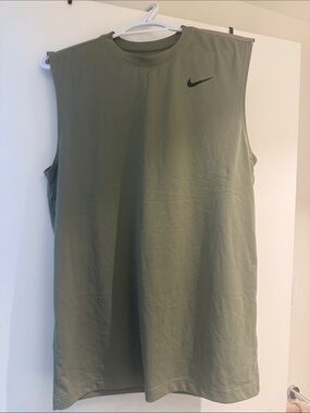 Nike Olive Green Sleeveless Muscle Tee with Black Swoosh